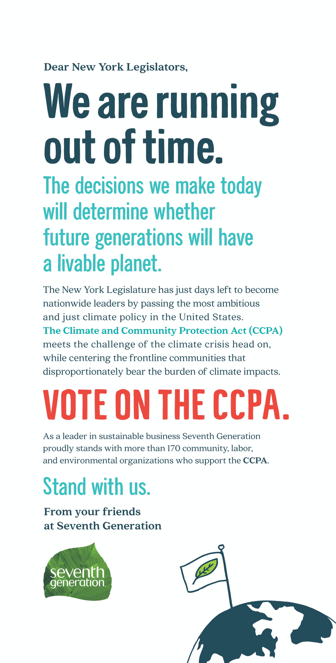 Seventh Generation ad asking New York legislators to vote on the Climate Community Protection Act